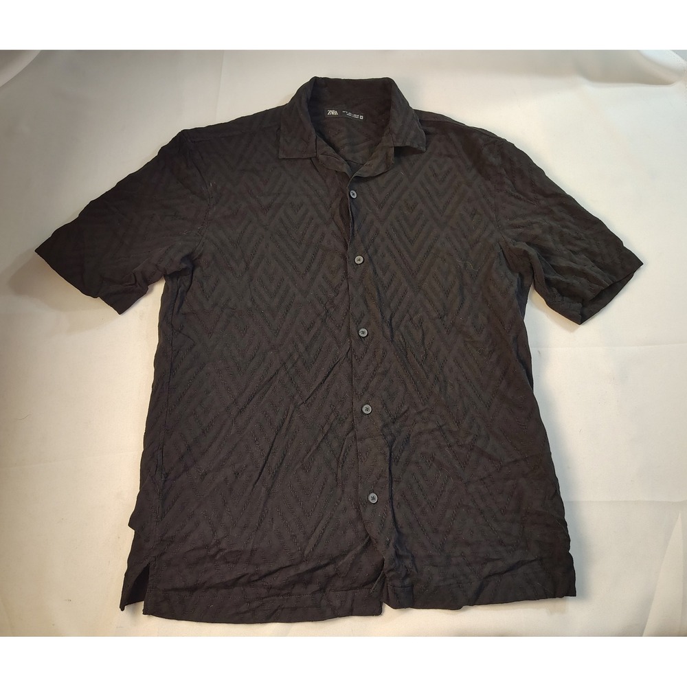 Zara Man Black Textured Chevron Geometric Short Sleeve Button Up Shirt Small